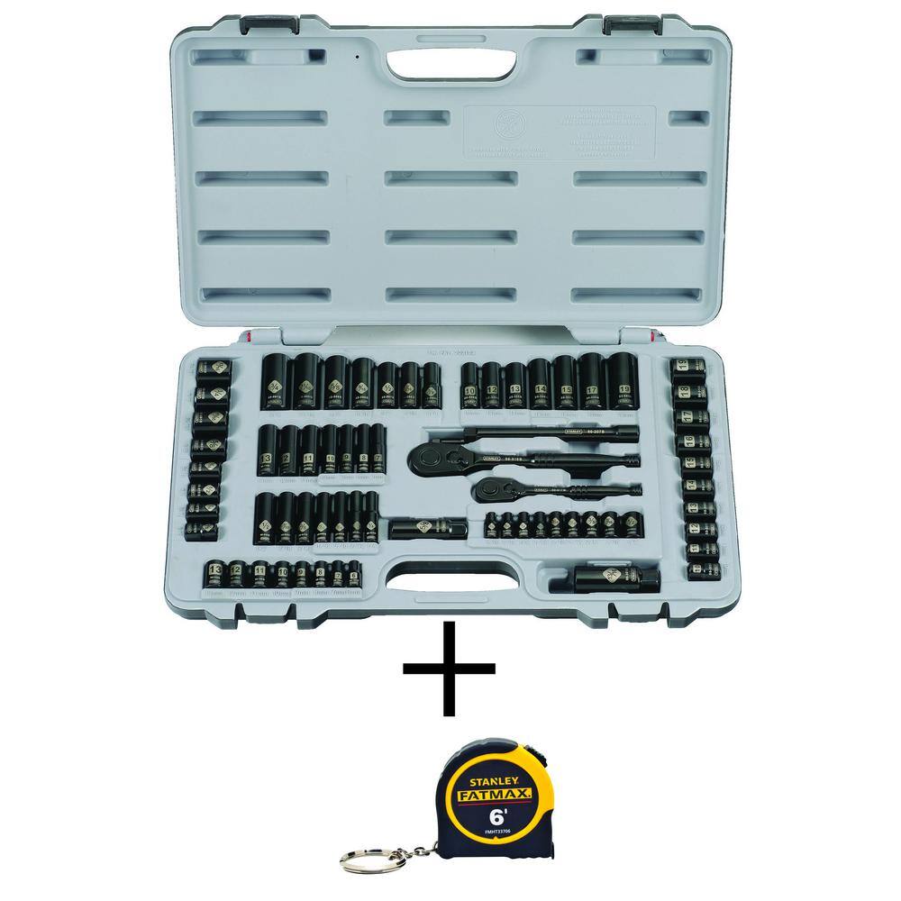 Stanley 14 in.  38 in. Drive Black Chrome Laser Etched SAE Mechanics Tool Set (69-Piece) and FATMAX 6 ft. Tape Measure 92824W33706