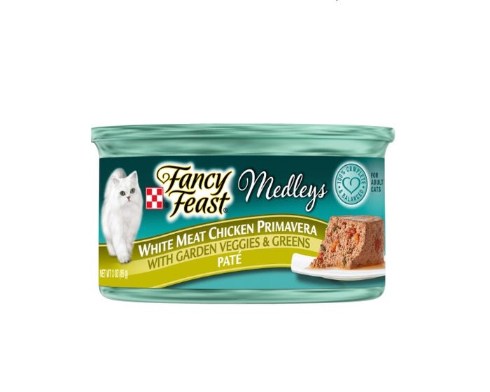 Purina Fancy Feast Medleys Pate White Meat Chicken Primavera with Garden Veggies  Greens Adult Wet Cat Food， 3 oz. Can