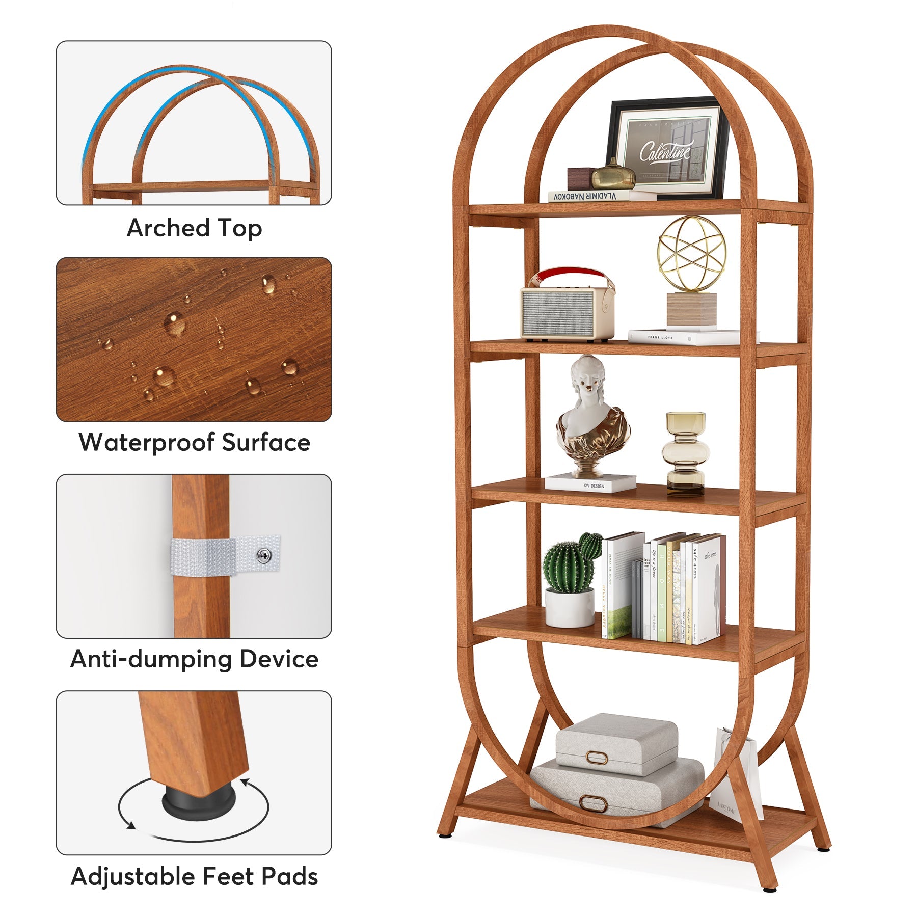 5-Tier Bookshelf, 70.8 Open Bookcase Arched Display Rack