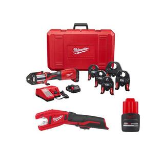 MW M18 Cordless FORCE LOGIC Press Tool Kit w12 in - 2 in Jaws Kit M12 Copper Tubing Cutter  M12 HO 2.5ah Battery 2922-22-2471-20-48-11-2425