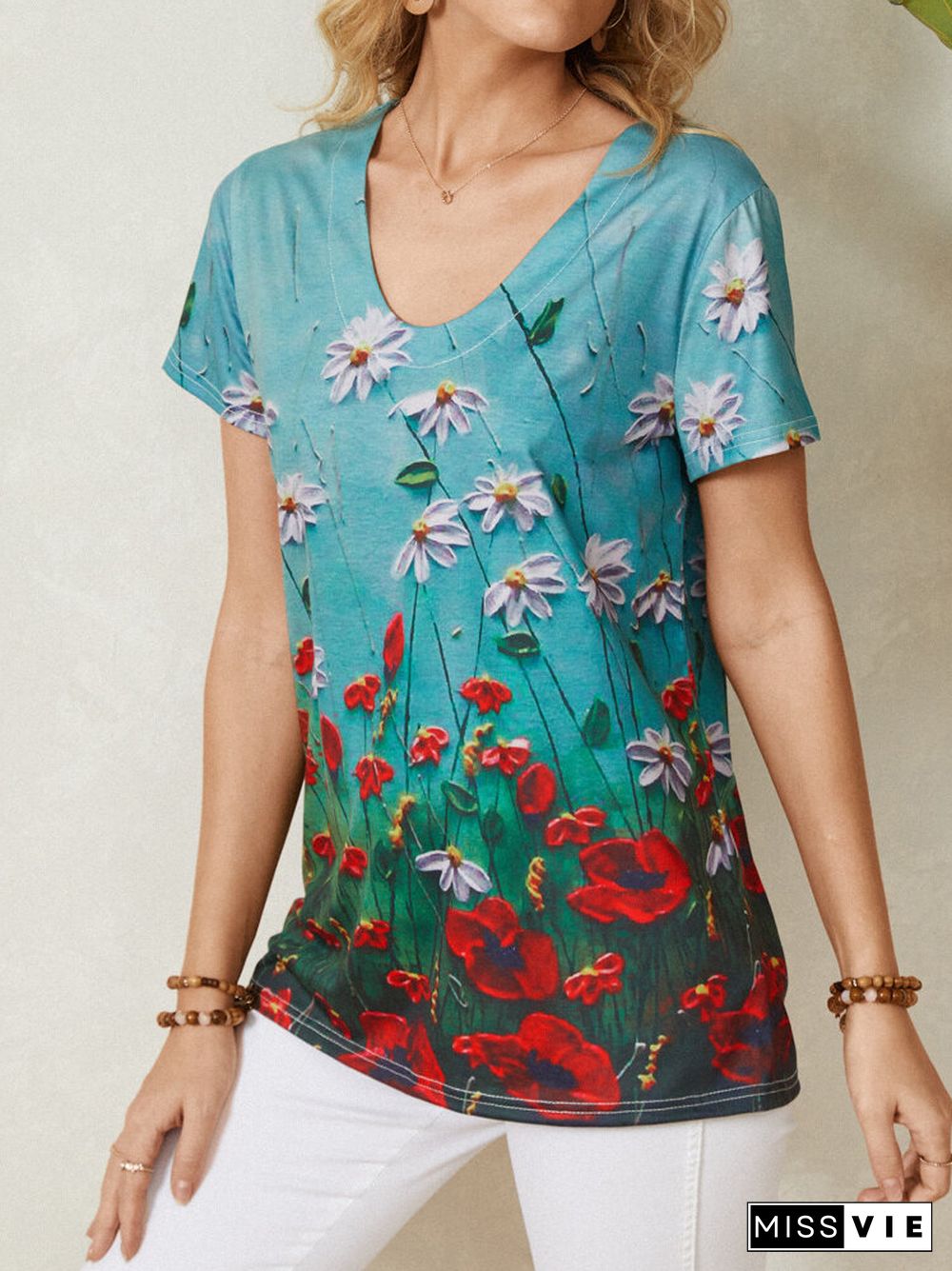 Flower Print V-neck Short Sleeve T-Shirt For Women