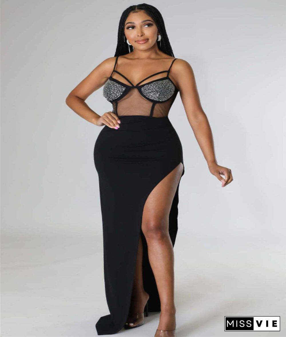 Sexy Mesh Sheer Hot Drill High Split Sling Maxi Dresses