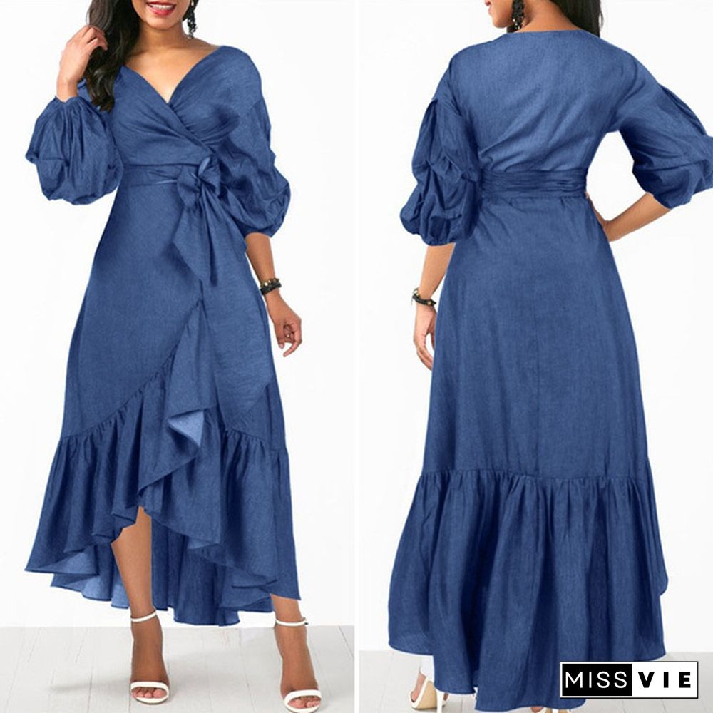 Women's Fashion Puff Sleeve Deep V Neck Tunic Denim Ruffled Dress Irregular Hem Elegant Party Long Dresses Vestidos S-5XL