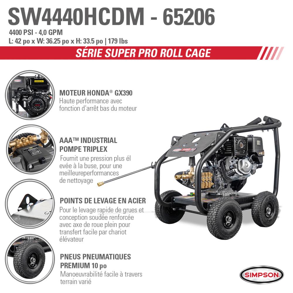 Simpson SuperPro Roll Cage Cold Water Professional Gas Pressure Washer 4400 PSI ;