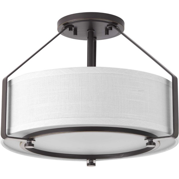 Progress Lighting Ratio Collection 3 light Semi flush Brushed Nickel White Linen Drum Shade