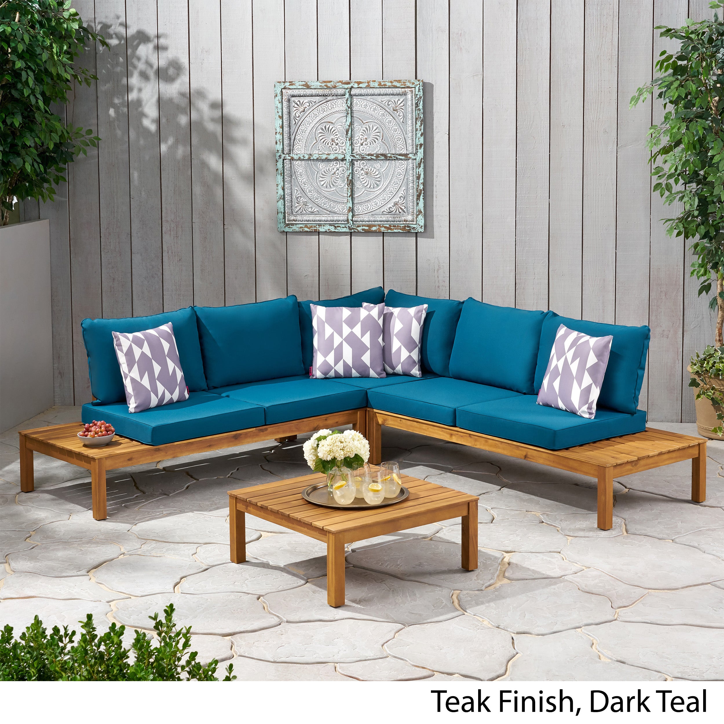 Vashti Outdoor 5 Seater V Shaped Acacia Wood Sectional Sofa Set with Cushions