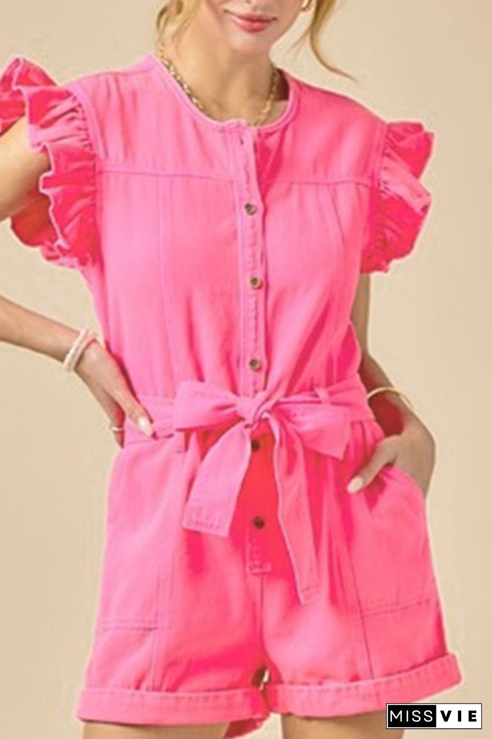 Plain Buttoned Flutter Sleeves Denim Romper