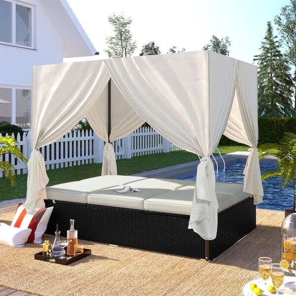 MERAX Outdoor Patio Wicker Adjustable Sunbed Daybed with Canopy