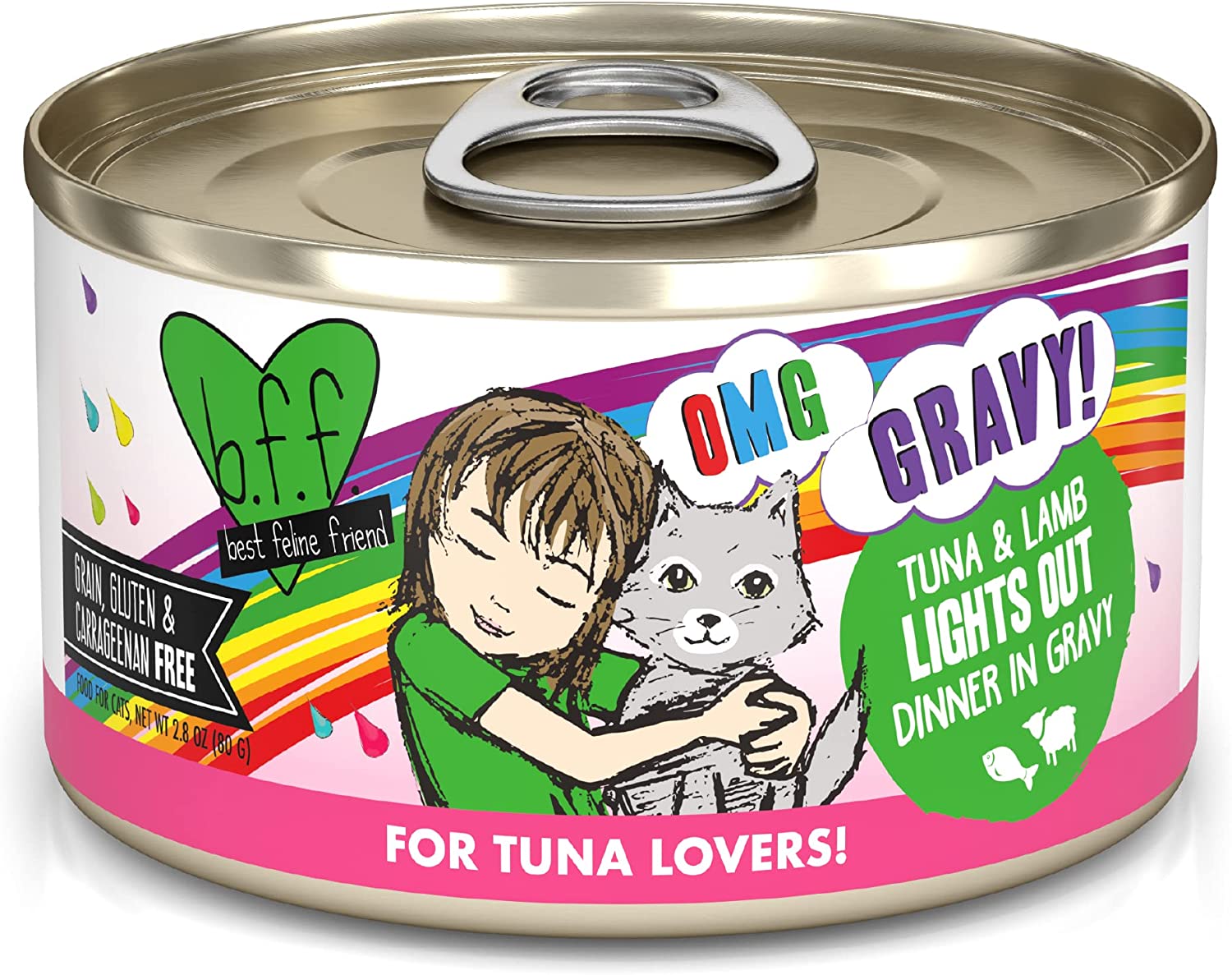 Weruva Wet Cat Food B.F.F. OMG - Best Feline Friend Oh My Gravy!， Tuna and Lamb Lights Out with Tuna and Lamb， 2.8oz Can (Pack of 12)