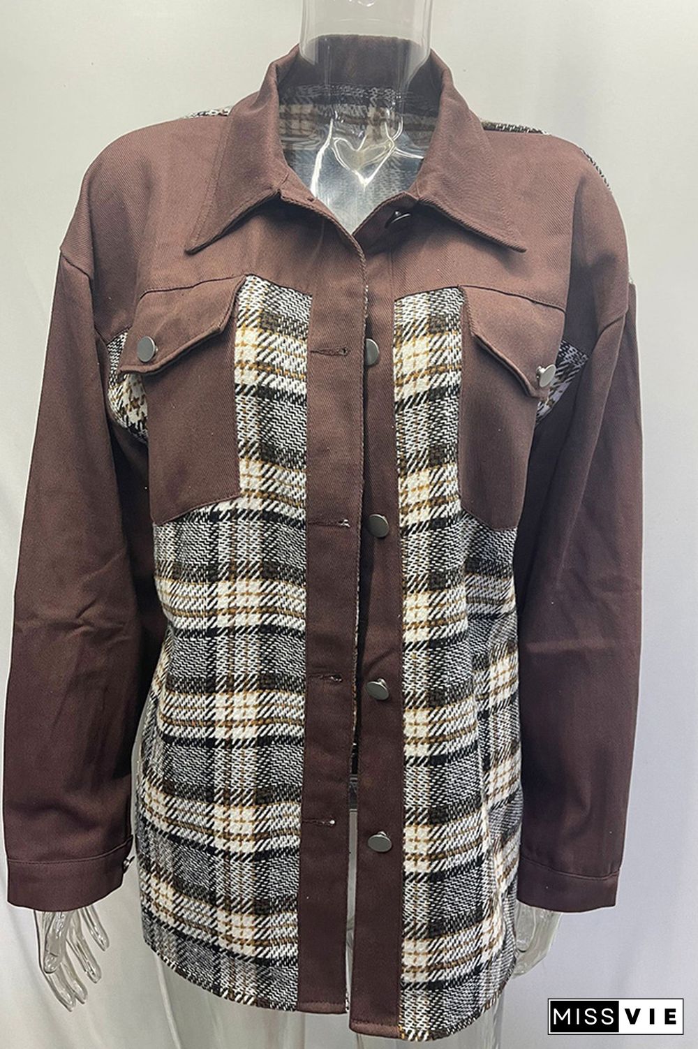 Plaid Splicing Open Button Denim Jacket