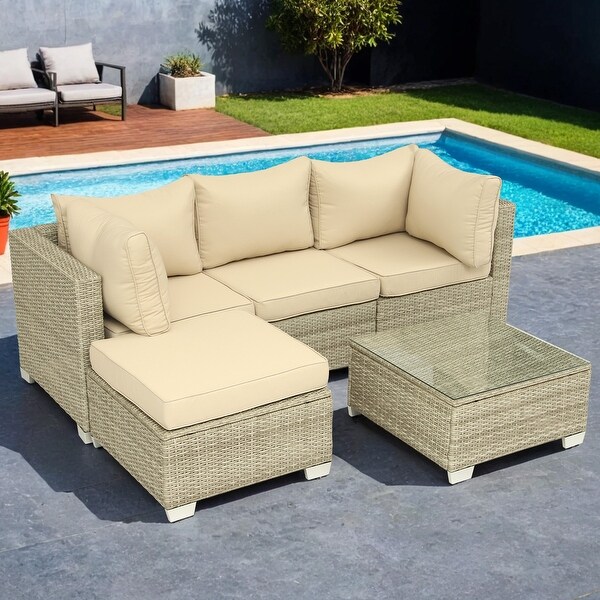 5Piece HandWoven PE Wicker Outdoor Patio Sectional Sofa Set with Cushions and Coffee Table