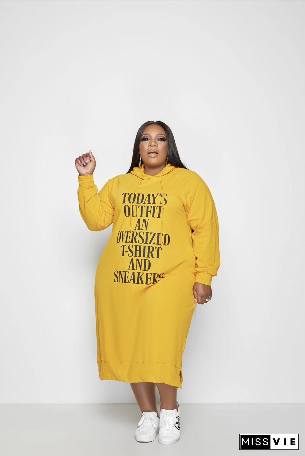 Letter Print Long Sleeve Hooded Loose Plus Size Dress