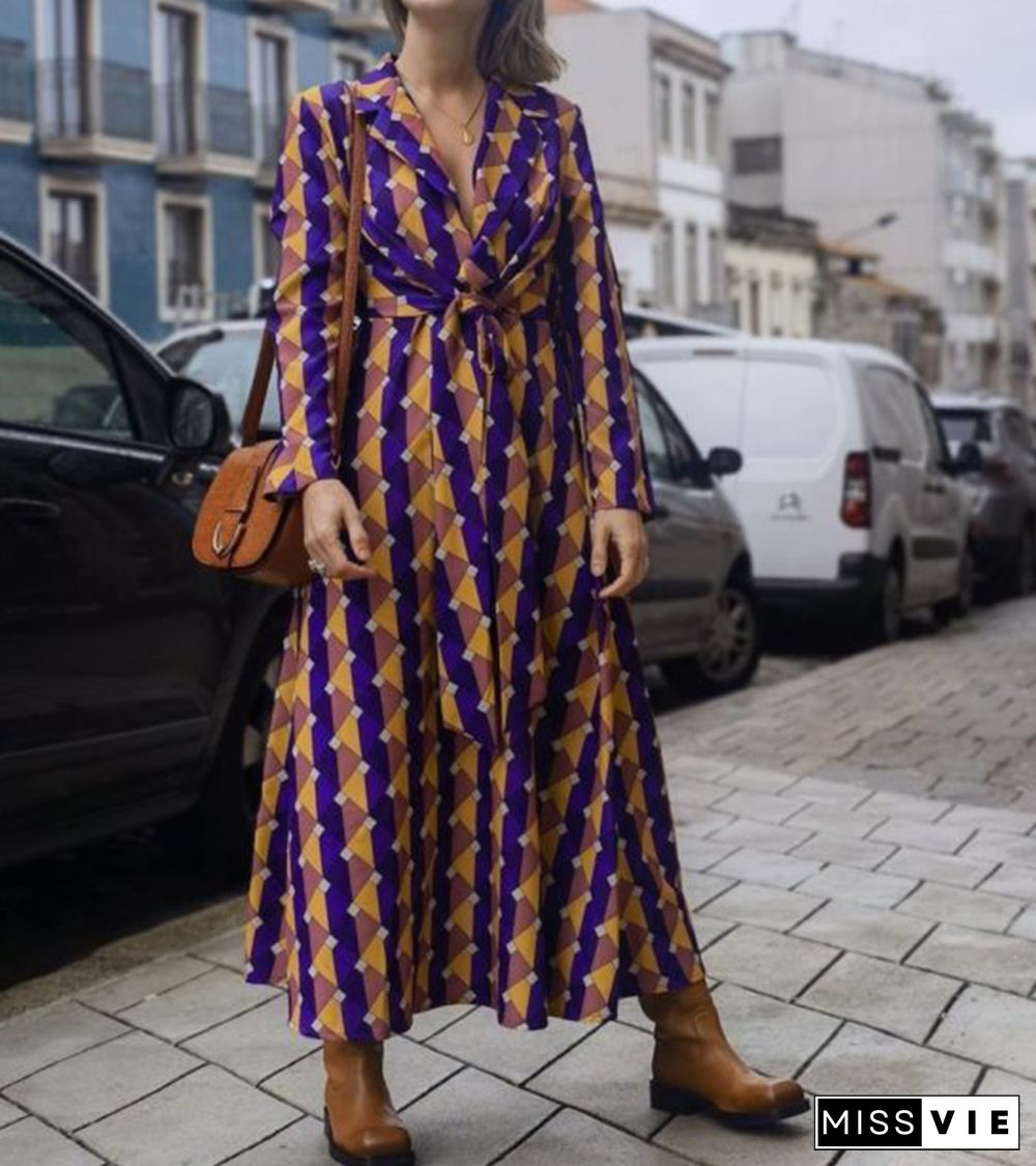 Lace-up Dress In Plaid Geometric Printed