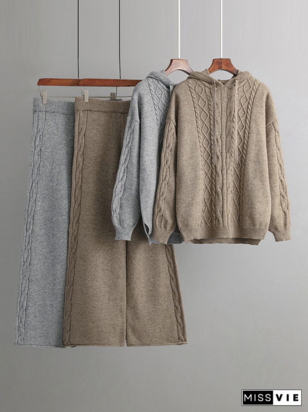 Urban Loose Solid Color Hooded High-Low Sweater Tops & Wide Leg Pants Two Pieces Set