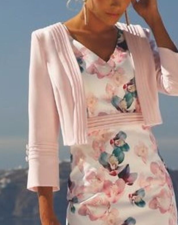 Women's Two Piece Knee Length Dress Pink 3/4 Length Sleeve Floral Print