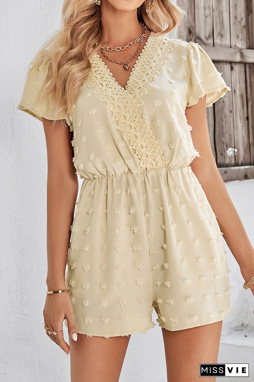 Texture Spot V Neck Crochet Lace Edge Rompers