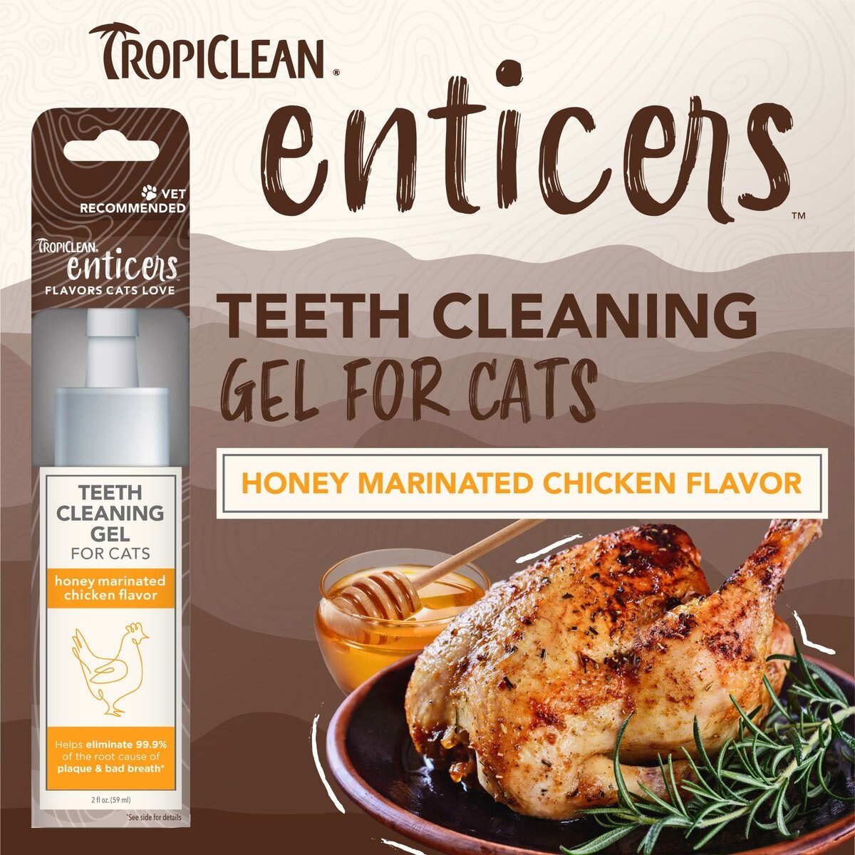 TropiClean Enticers Honey Marinated Chicken Flavor Cat Dental Gel， 2-oz tube