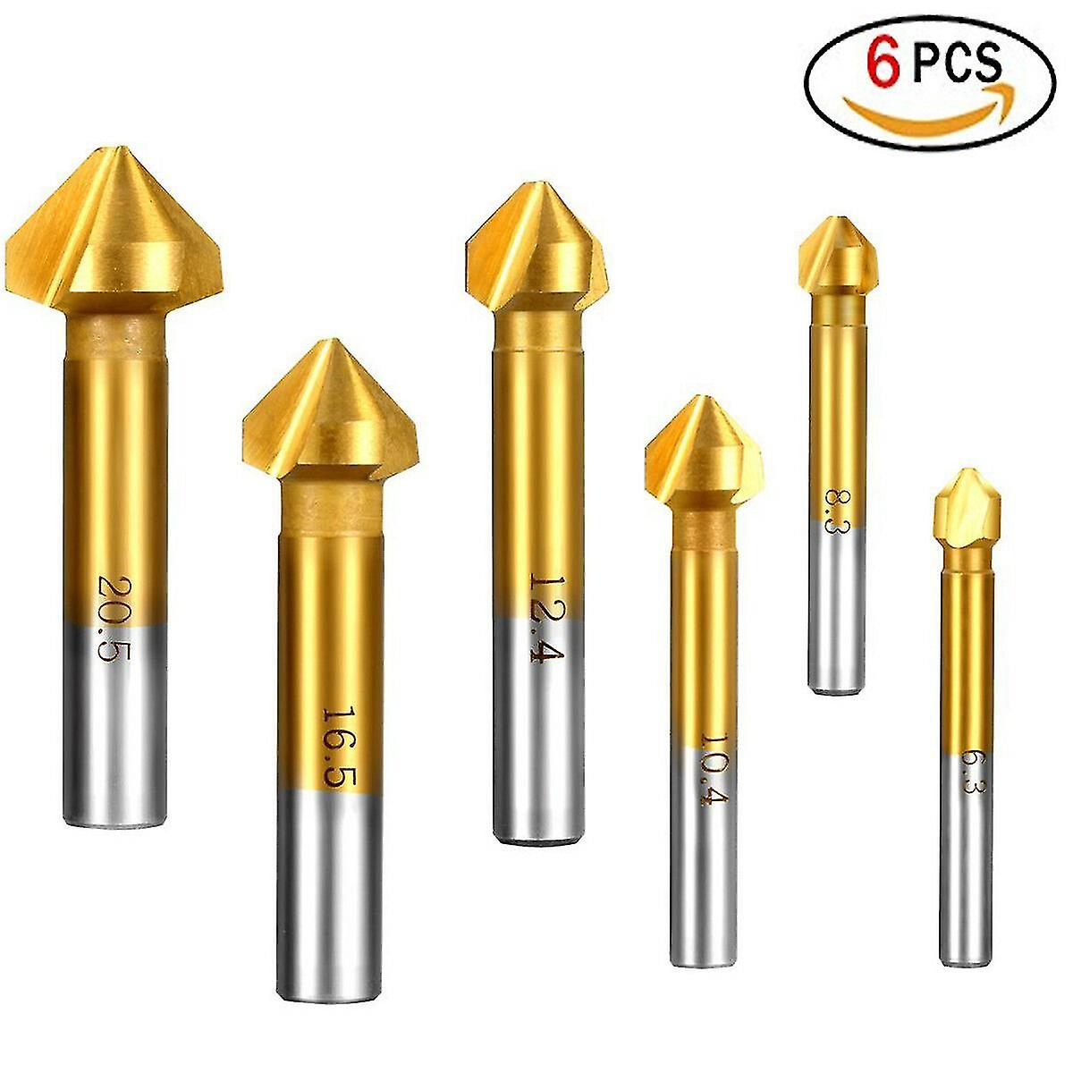 6 Pieces Hss Milling Cutter 90 Chamfer Milling Cutter 6.3mm 8.3mm 10.4mm 12.4mm 16.5mm 20.5mm Teeth Titanium Coating Tool Deburring Cutter Cylindrical