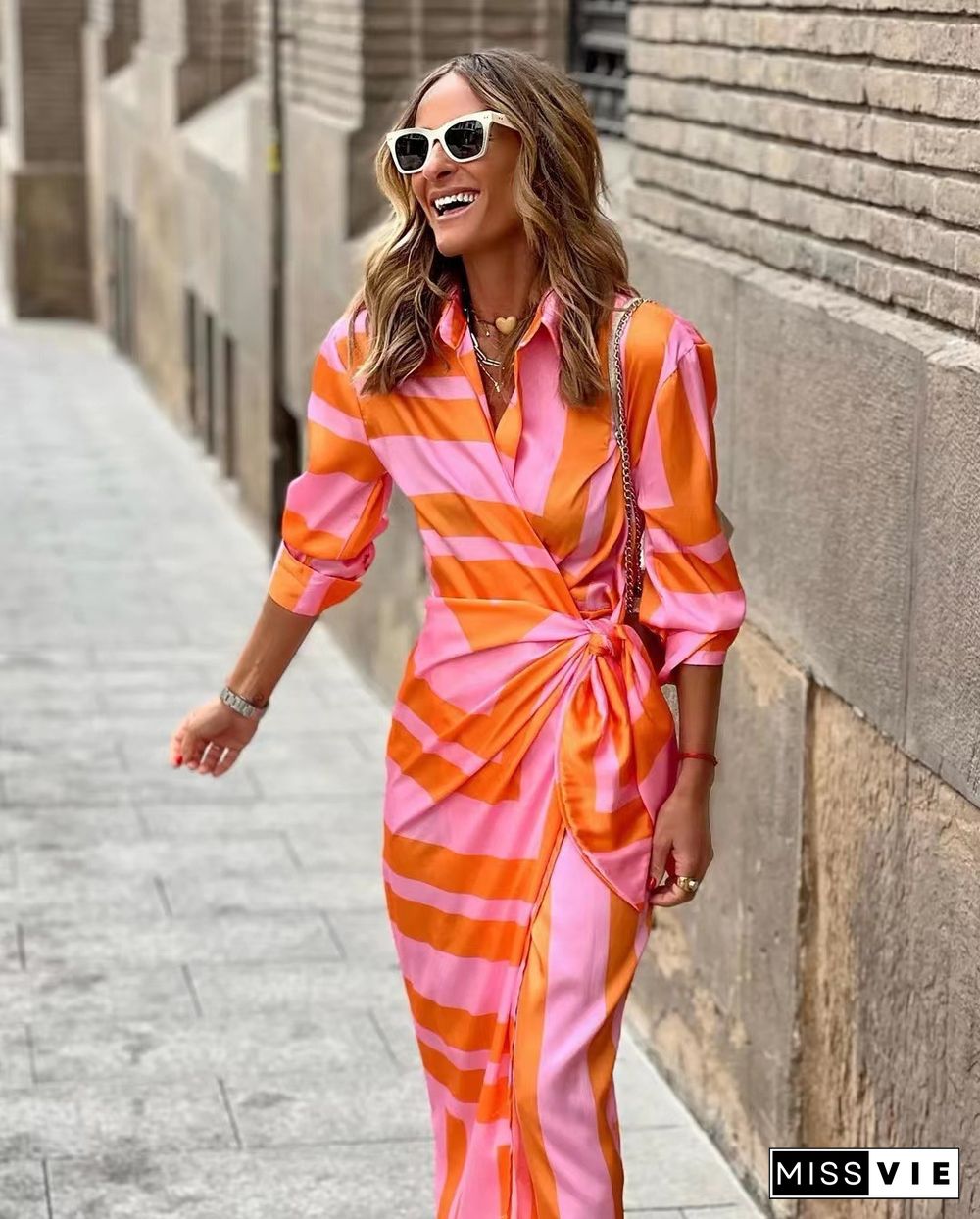 Fashion Print Lapel Shirt Tie Dress