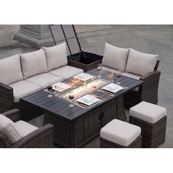 7Piece Outdoor Sofa with Aluminium table top Fire Pit Set