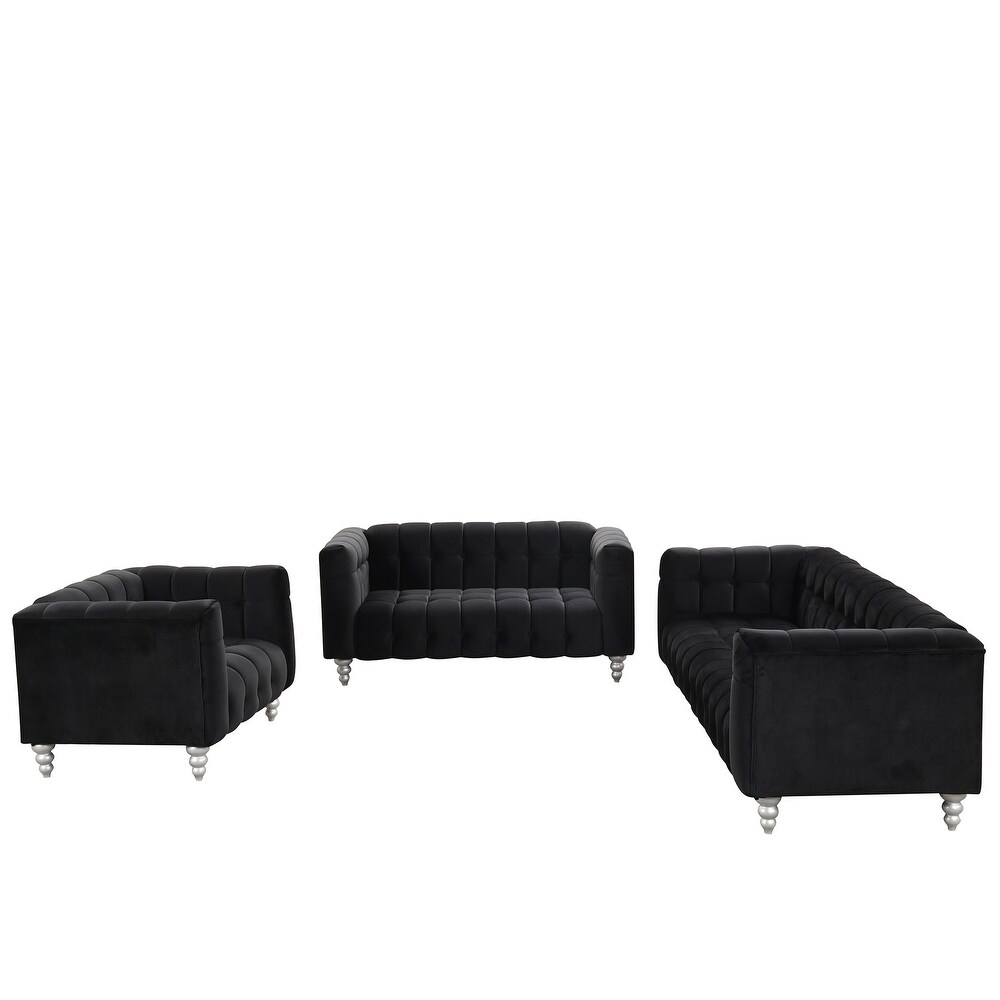 3 piece sofa set with solid wood legs  buttoned tufted backrest  Dutch fleece upholstered sofa set including three seater sofa