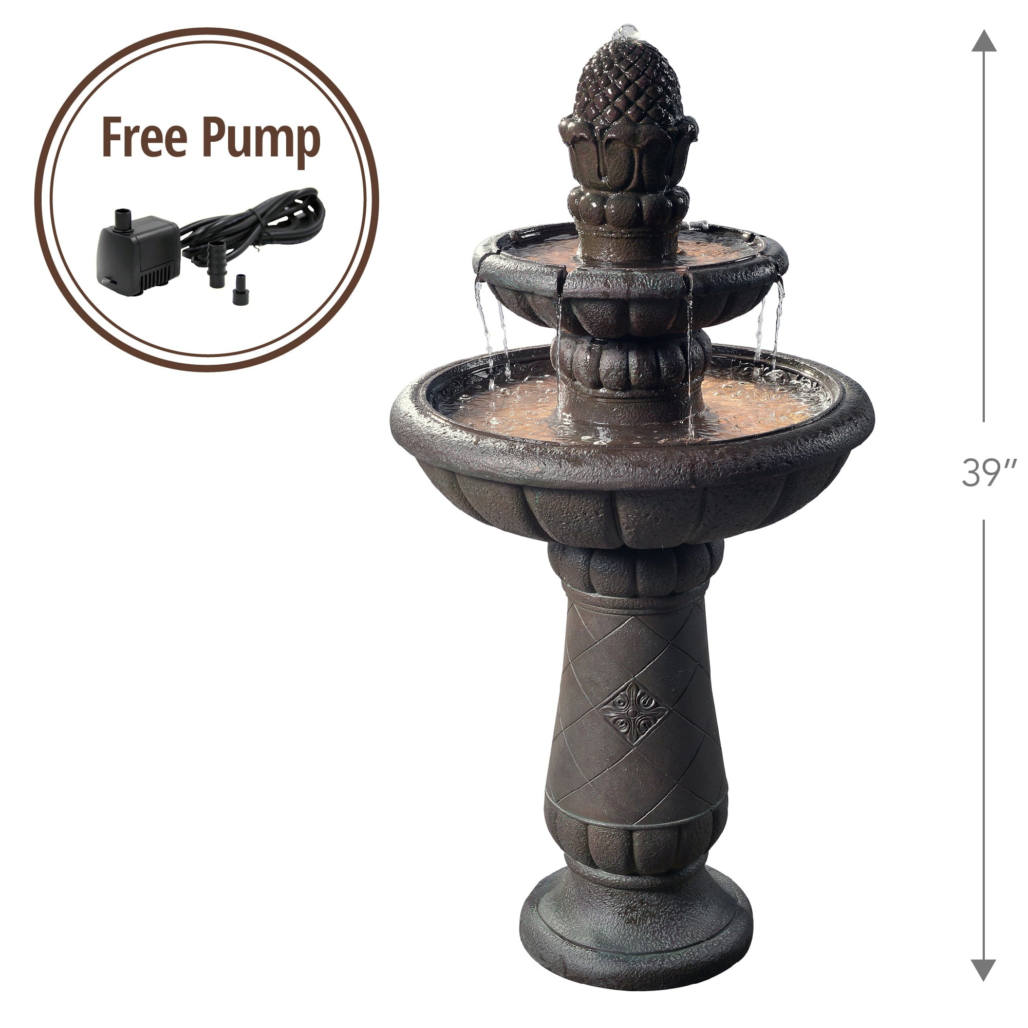 Teamson Home Outdoor Deluxe Pineapple 2-Tier Pedestal Fountain， Gray