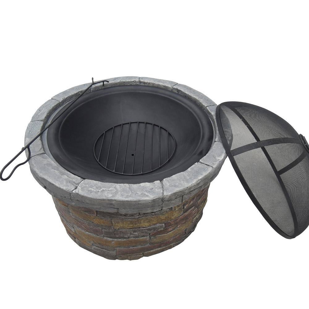 Teamson Home 27 in. Outdoor Round Stone Wood Burning Fire Pit in Gray with Cover HR22818AA