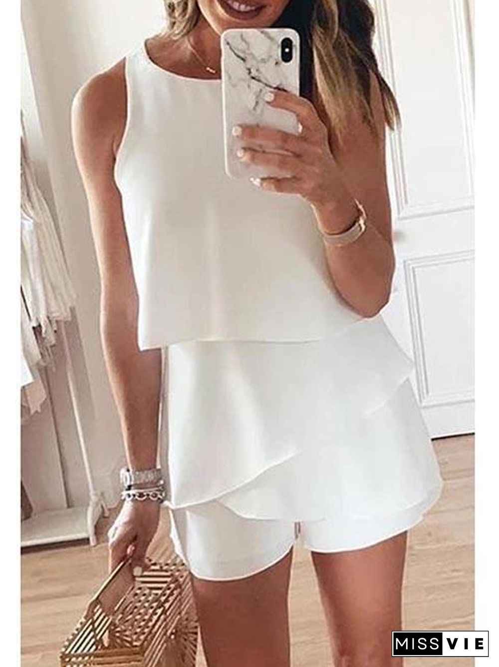 Solid Color Round Neck Ruffle Rompers