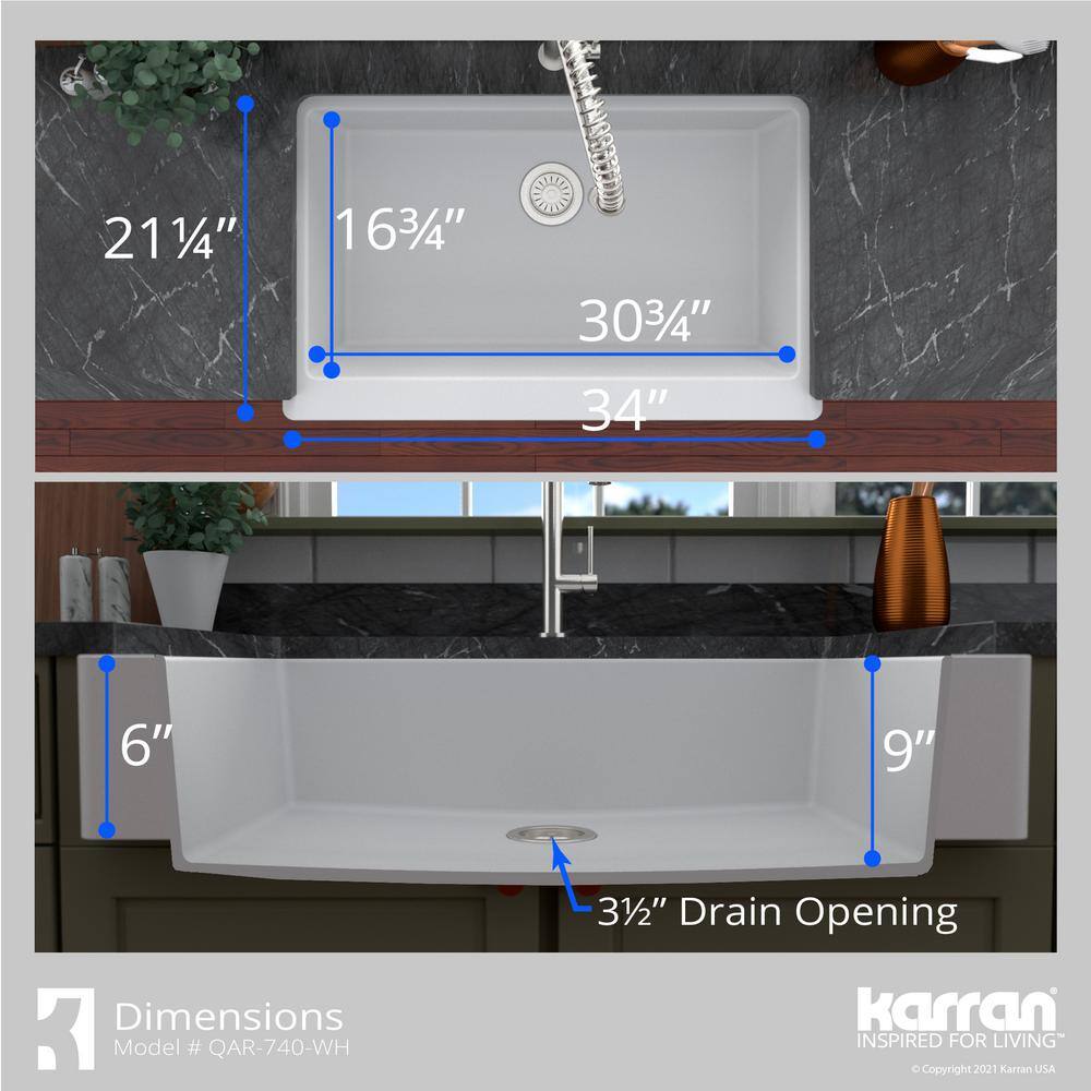 Karran QAR-740 QuartzGranite 34 in. Single Bowl Retrofit FarmhouseApron Front Kitchen Sink in White with Grid and Strainer QAR-740-WH-PK1