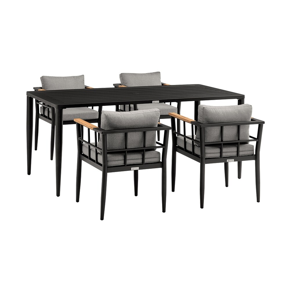 Beowulf Outdoor Patio 5 Piece Dining Table Set in Aluminum and Teak with Grey Cushions