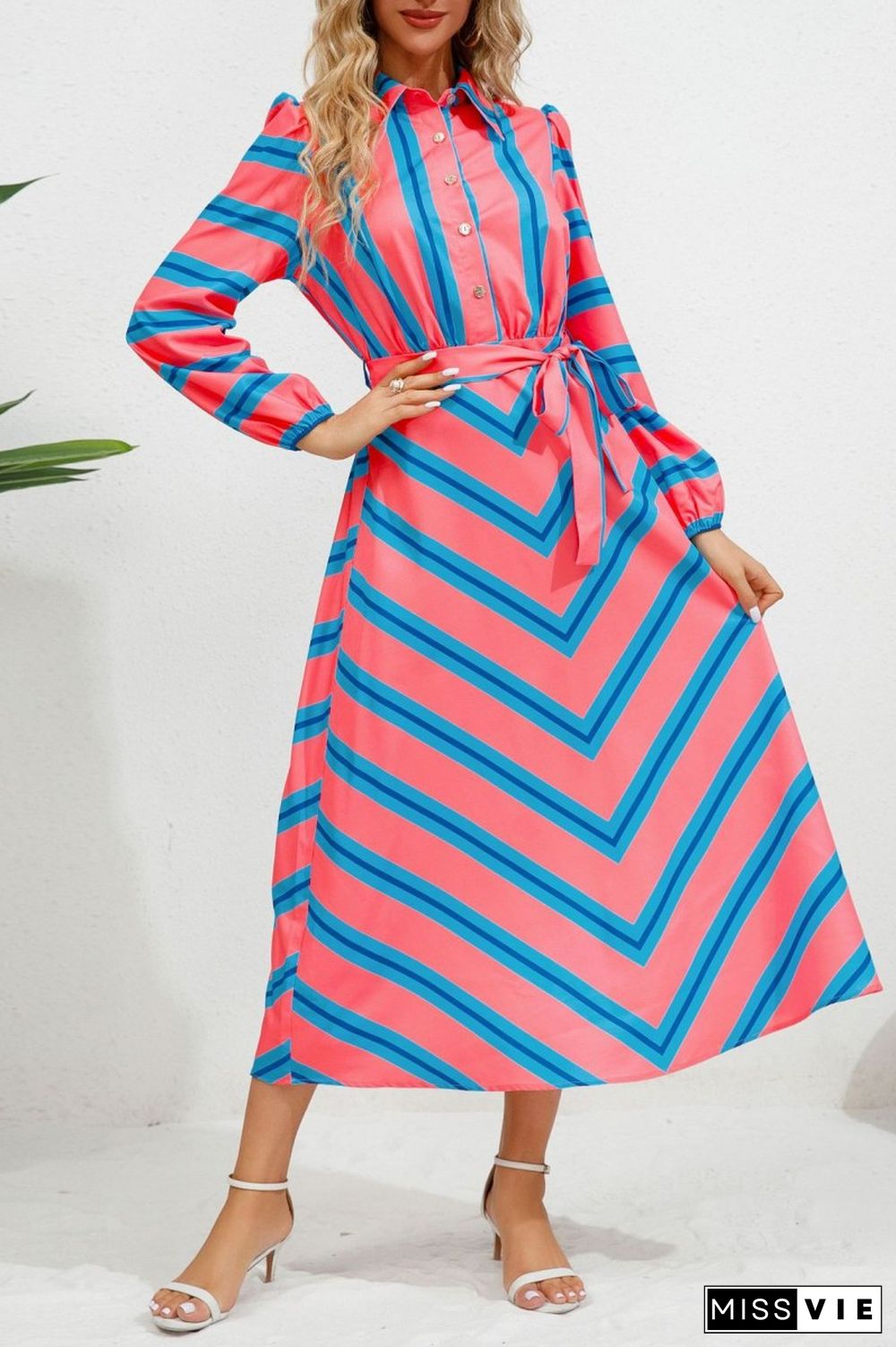 Blue Casual Striped Print Patchwork Turndown Collar Shirt Dress Dresses