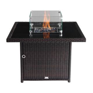 Oakville Furniture Hudson 36 in. Square Outdoor Brown Wicker Aluminum Propane Fire Pit Table in Tempered Glass wFire Glass OF-WKFT36