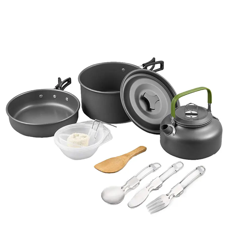 Outdoor Travelling Hiking Picnic BBQ Tableware Equipment Aluminum Cooking Set Water Kettle Pan Pot Camping Cookware Kit