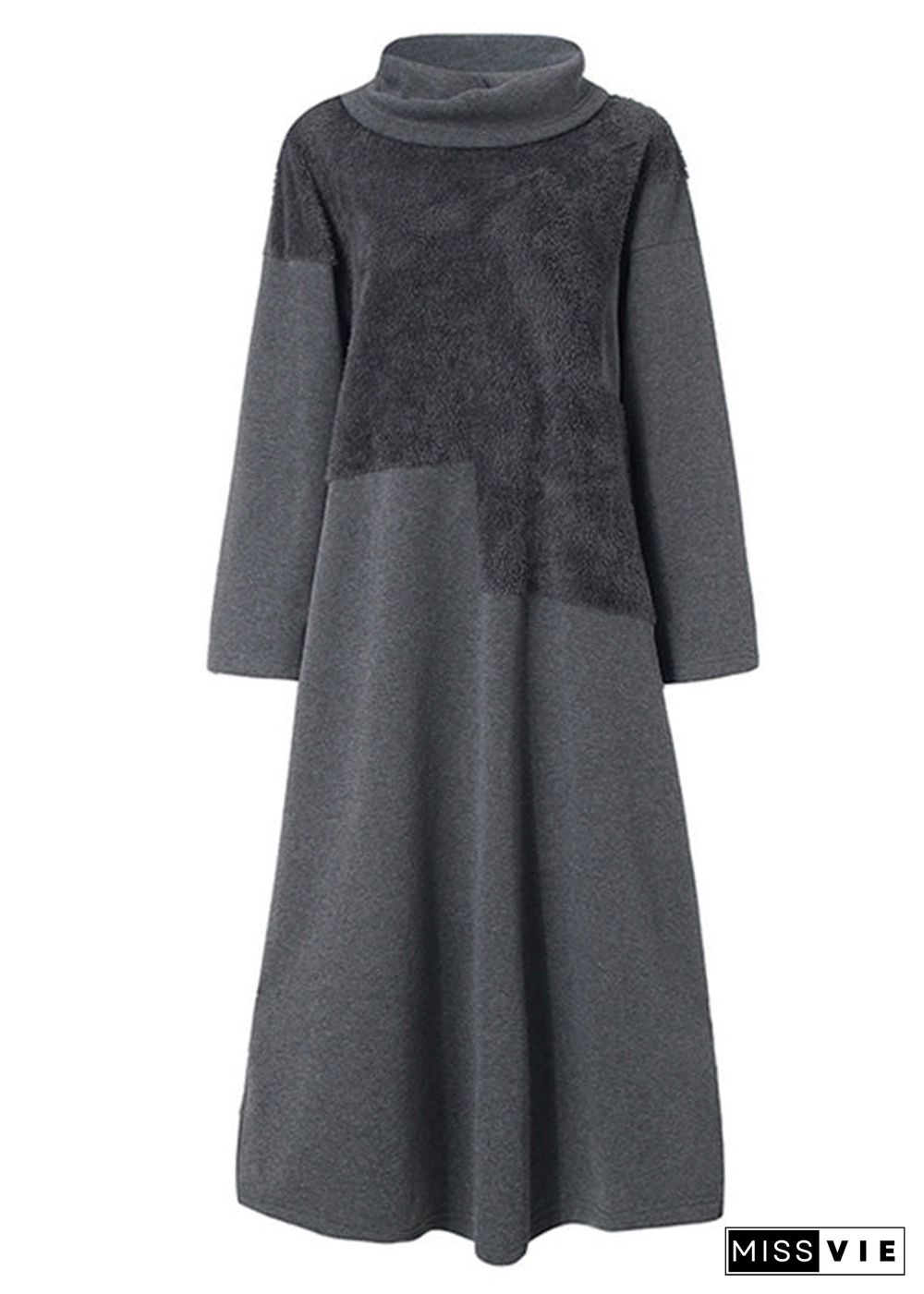 High Neck Grey Plush Panel Long Sleeved Dress Spring