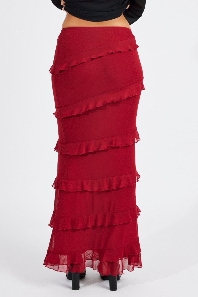 Red Floral Maxi Skirt Mesh Frilled Mesh