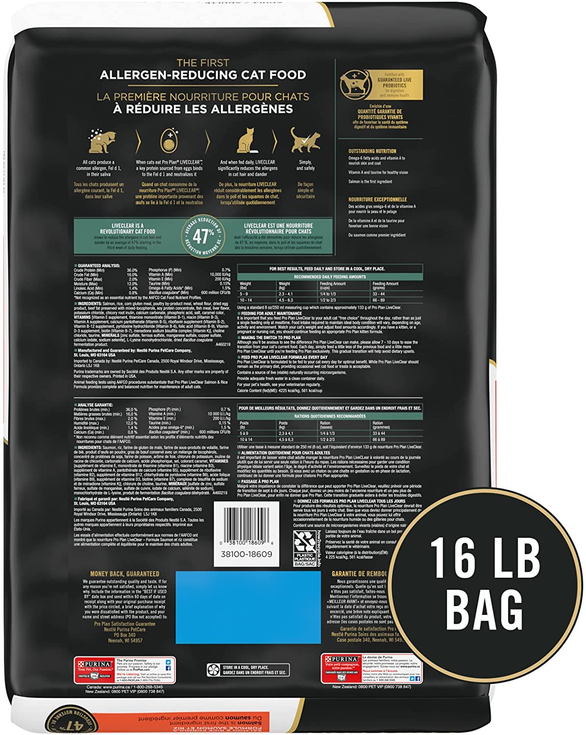 Purina Pro Plan Allergen Reducing， High Protein Dry Cat Food， LIVECLEAR Salmon and Rice Formula - 16 lb. Bag