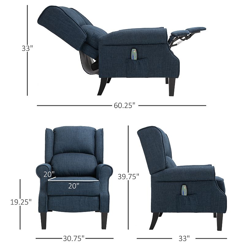 HOMCOM Vibrating Massage Recliner Chair for Living Room， Reclining Winback Single Sofa with Heat， Linen Fabric Push Back Accent Chair with Footrest， Side Pocket， Dark Blue