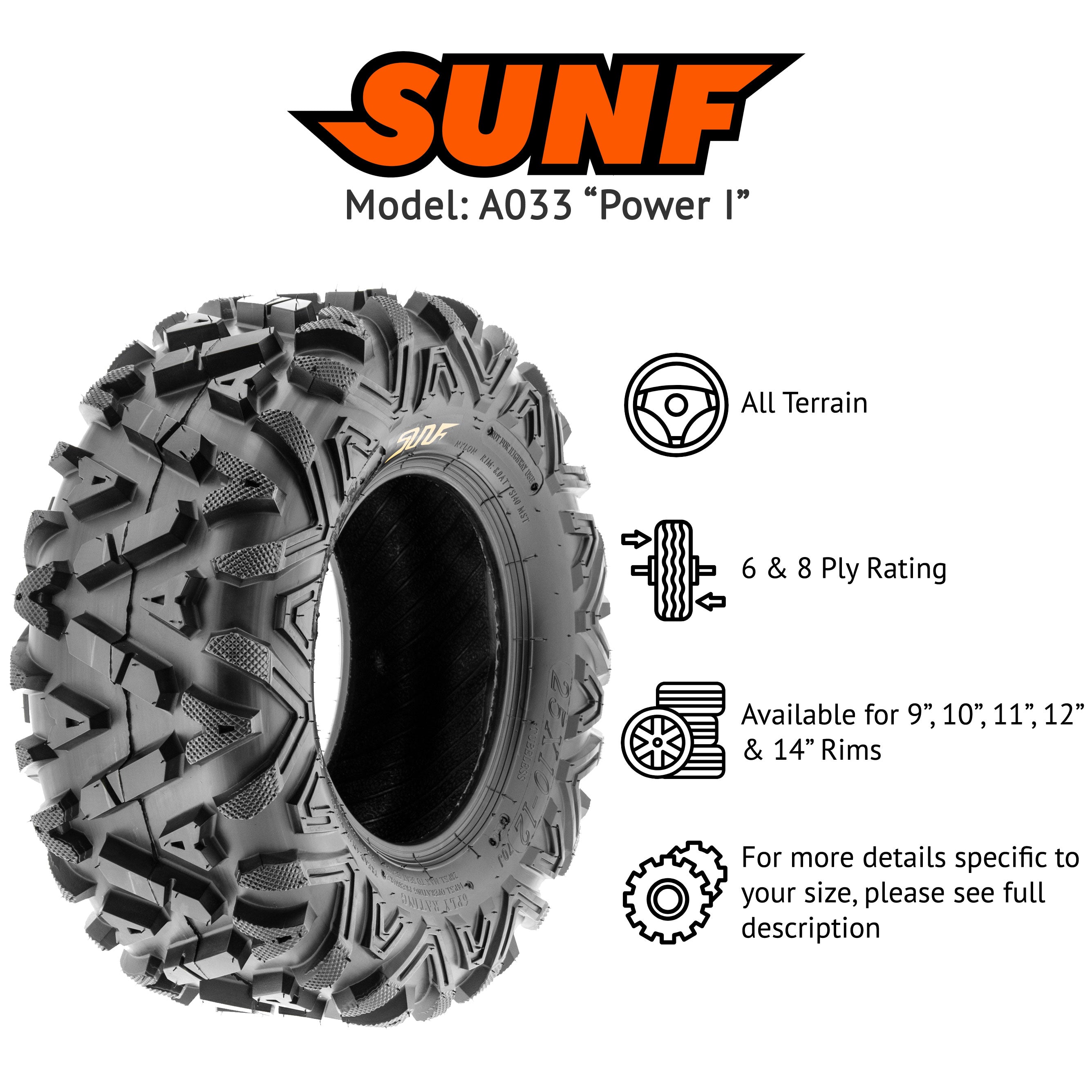 SunF ATV UTV Tires A033 25x11-12 25x11x12 6PR (Single)