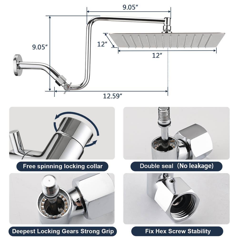 YASINU 1-Spray Patterns With 2.5GPM 12 in. Wall Mount Rain All Metal Fixed Shower Head With Adjustable Extension Arm in Chrome YNPAUL000362CH