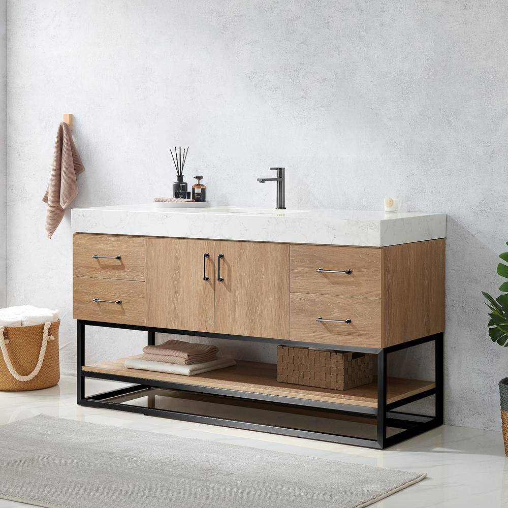 ROSWELL Alistair 60B in. W x 22 in. D x 33.9 in. H Single Sink Bath Vanity in North American Oak with White Grain Stone Top 889060BS-NO-GWN