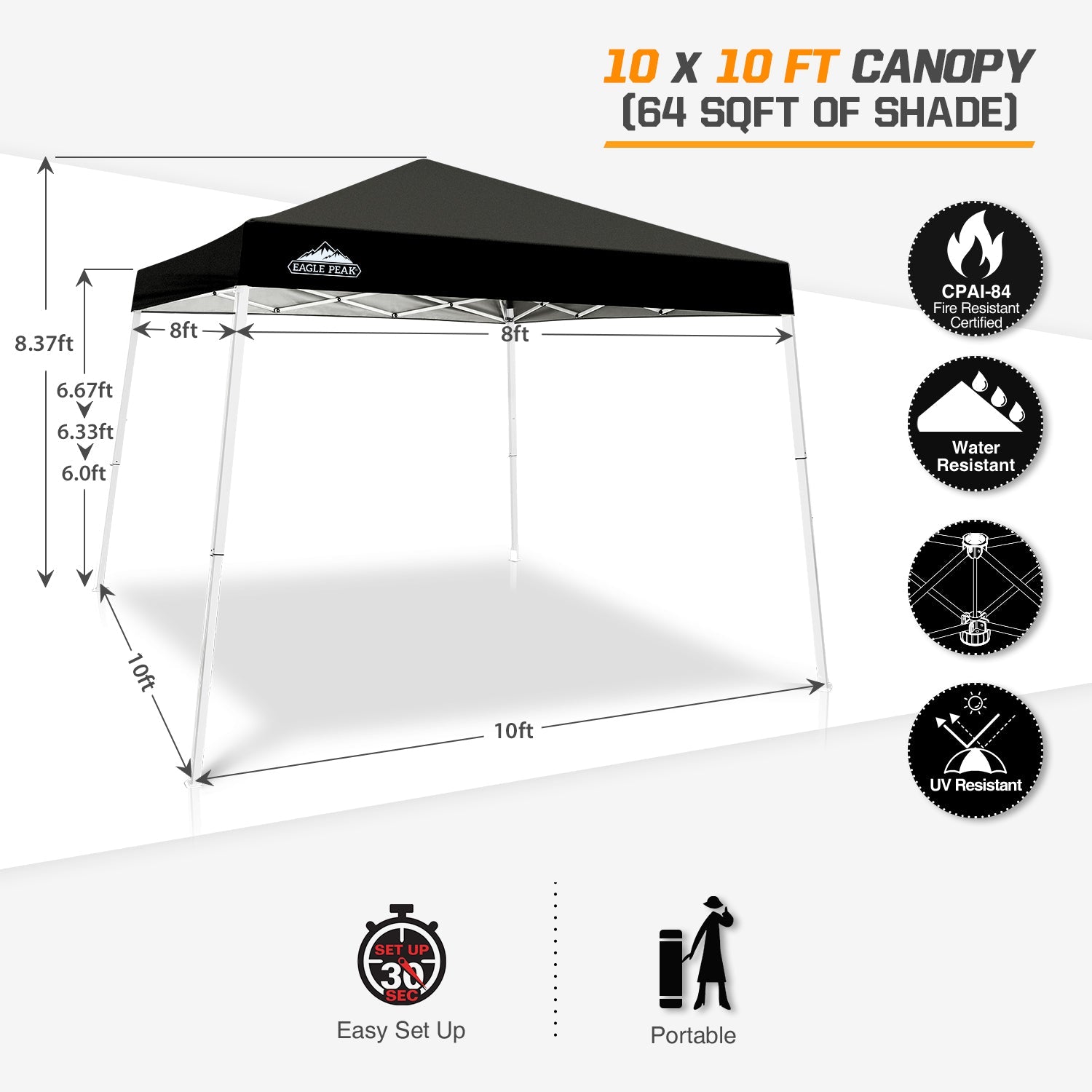 EAGLE PEAK 10' x 10' Slant Leg Pop-up Canopy Tent Easy One Person Setup Instant Outdoor Canopy Folding Shelter with 64 Square Feet of Shade (Black)