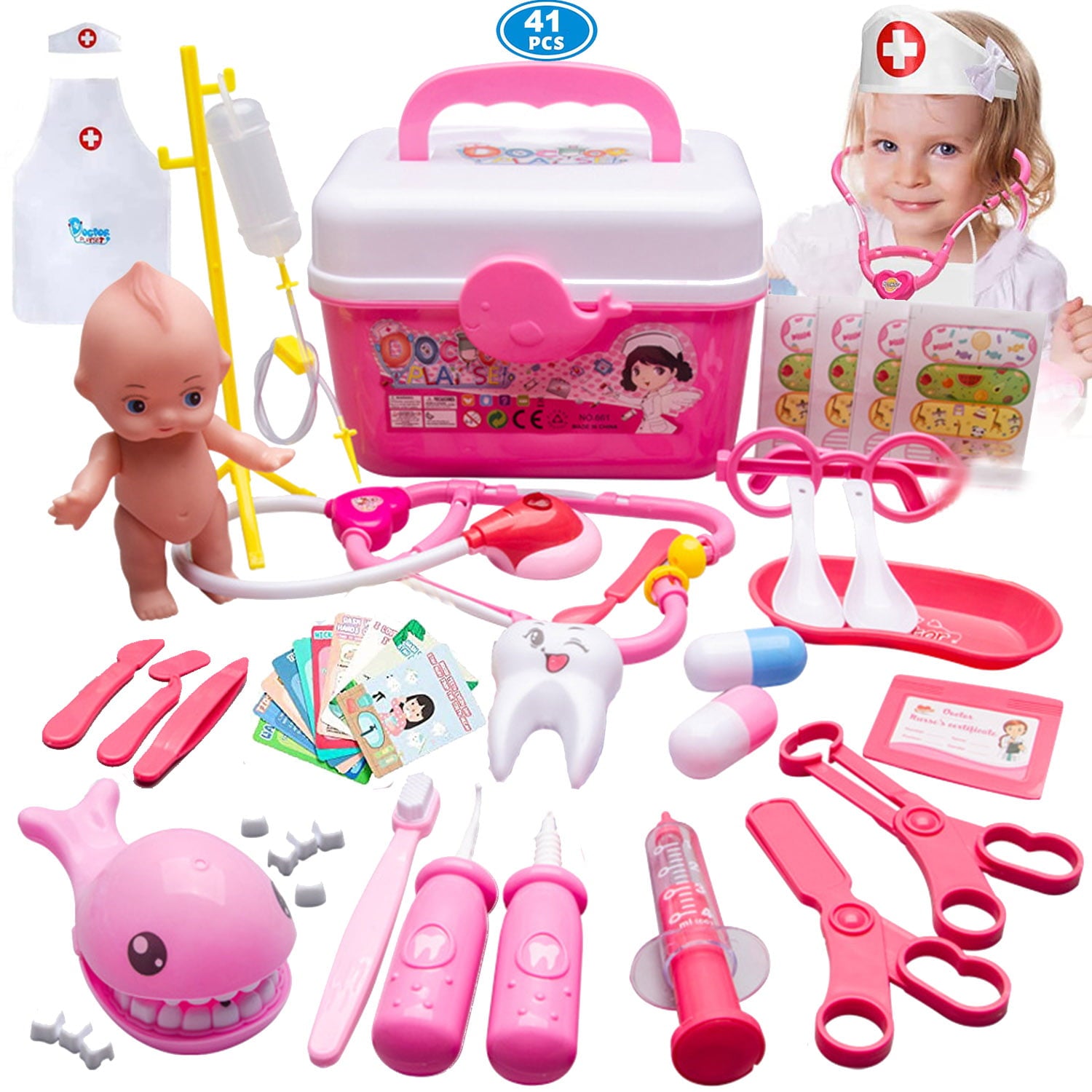 NimJoy Preschool Toys Doctor Play Set W/Case and Doll Medical Kit for Kids 3Y+, Pretend-N-Play Doctor Set Gift to Toddler Boys and Girls, 41PCS Pink