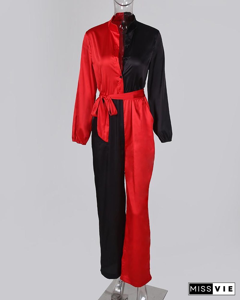 Colorblock Long Sleeve Knotted Jumpsuit P10958