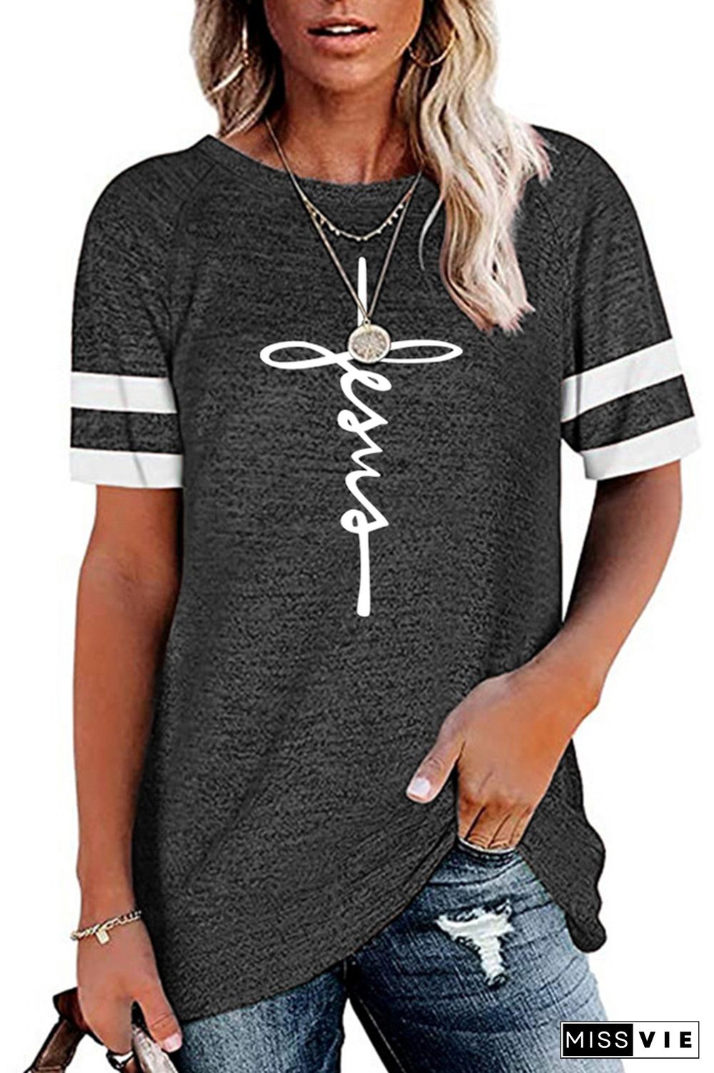 Cross Print Graphic Tees for Women Wholesale Short Sleeve T shirts Top