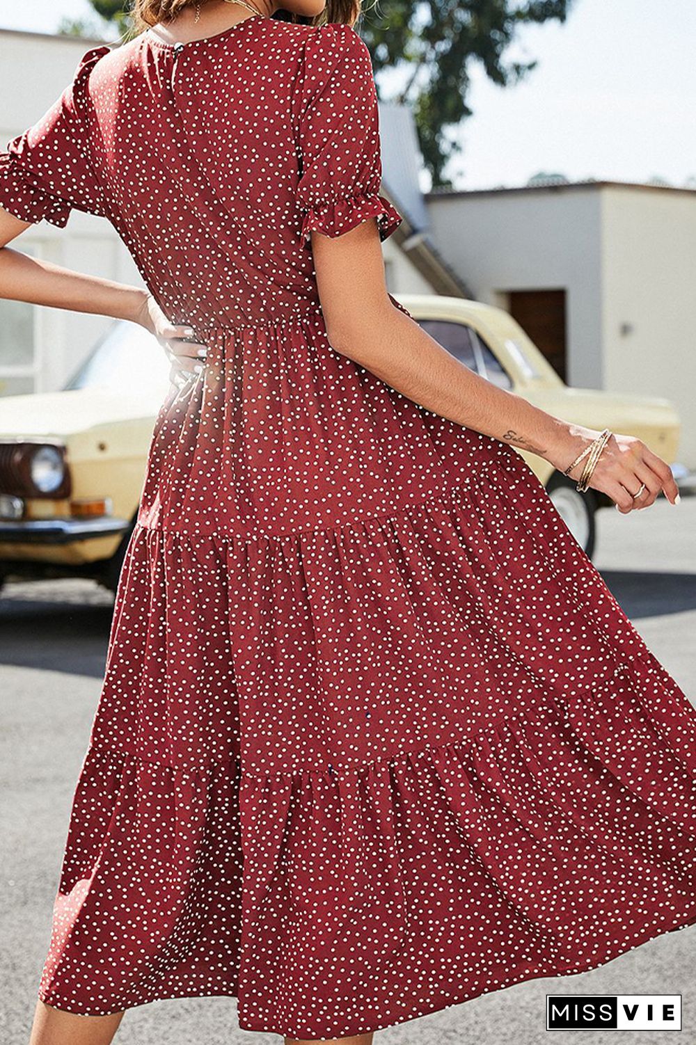 Polkadot Print Puff Sleeve Long Dress Wholesale