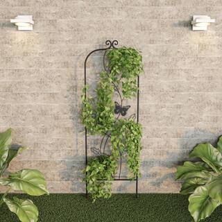 Black 46 in. Metal Trellis with Vine and Butterfly Design for Climbing Plants and Flowers 925689QSD