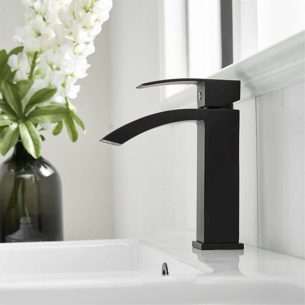 FLG Single-Handle Single-Hole Waterfall Bathroom Faucet Deck Mounted Bathroom Sink Faucet in Matte Black CC-0076-MB