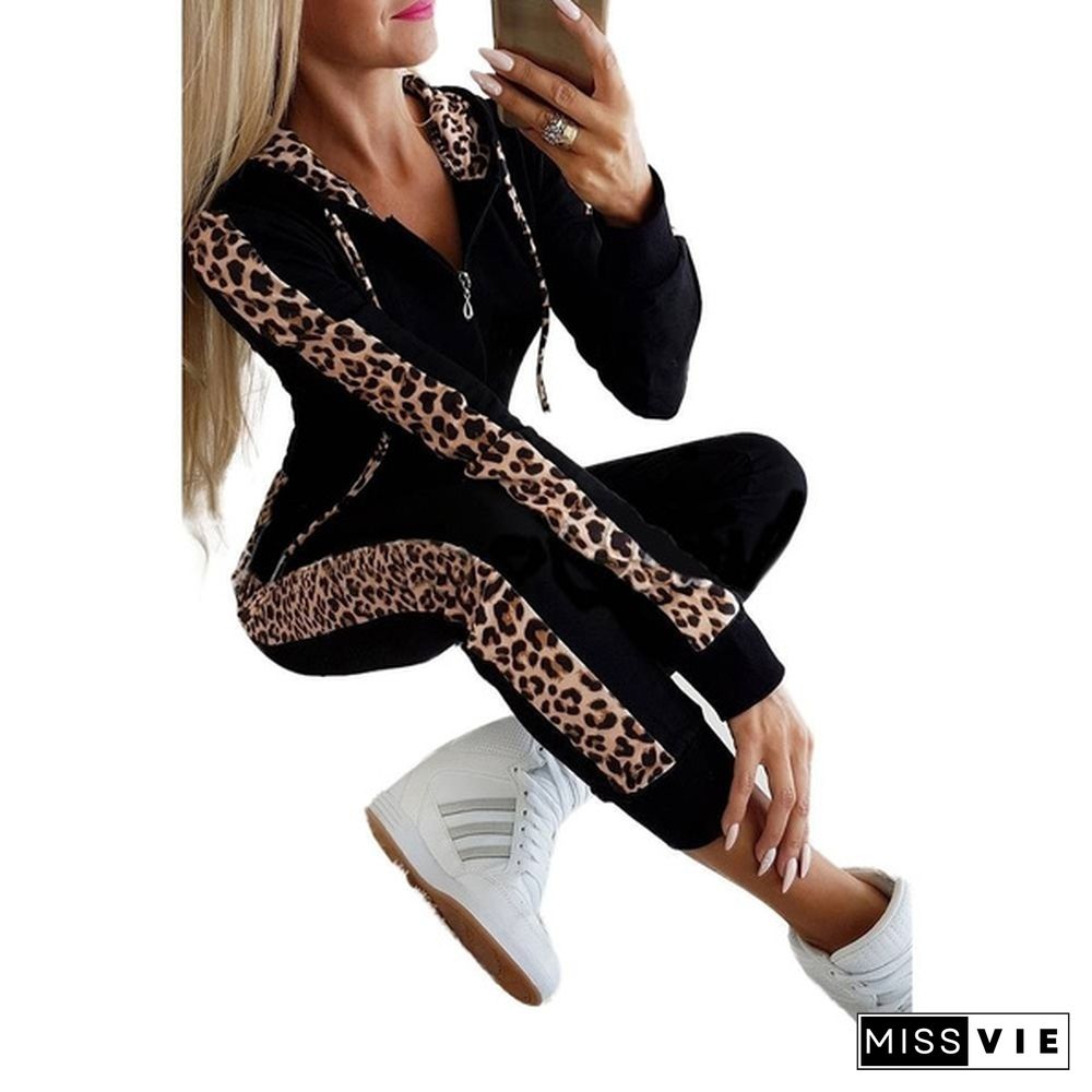 Women Fashion Leopard Print Two Pieces Sports Suits Tops With Pants Tracksuit 2 Pieces Set Sweatsuit Jogging Outfits For Women