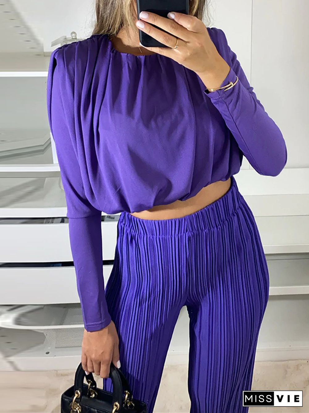 Long Sleeves Elasticity Pleated Solid Color Round-Neck Shirts Top + High Waisted Pants Bottom Two Pieces Set