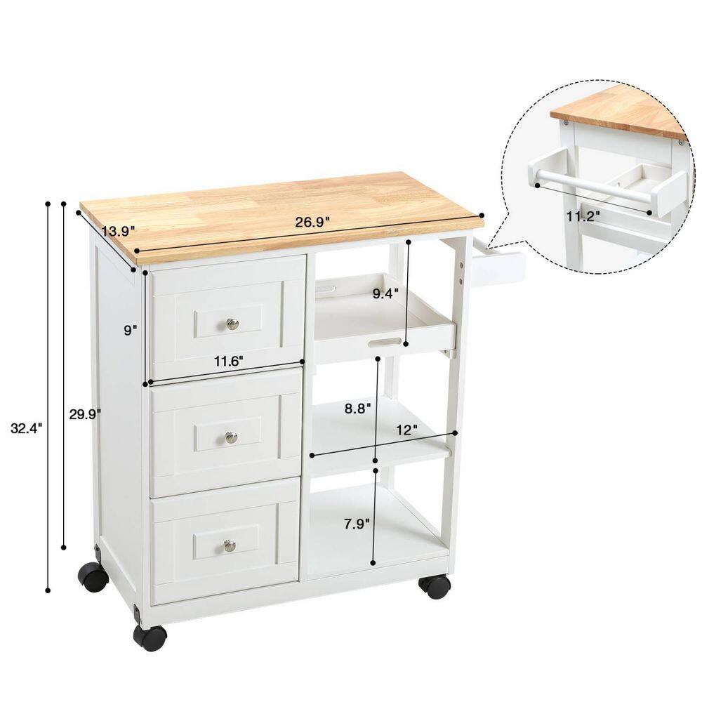 White Kitchen Islands with Storage Lockable Utility Kitchen Carts On Wheels with Countertop Drawer Open Shelves 1009-KITCH-WHIT